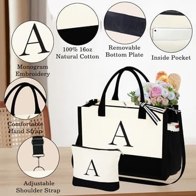 YOOLIFE Gifts for Women Female - Birthday for Women Bridesmaid Wedding Teacher Mrs Gifts | Initial Canvas Tote Bag & Makeup Bag - Image 5