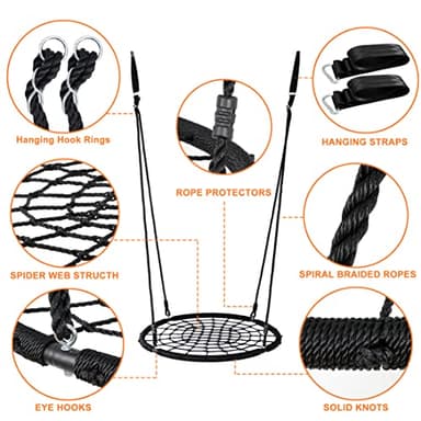 SUPER DEAL 40'' Spider Web Tree Swing Round Net Swing Platform Rope Swing Set for Kids Adult, 71" Detachable Nylon Rope with Swivel for Outdoor Backyard, Max 660 Lbs Extra Safe Steel Frame, Black - Image 3