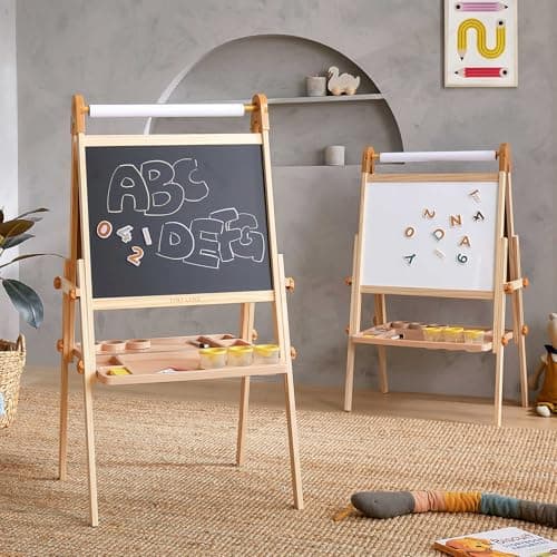 Tiny Land Easel for Kids, Double-Sided Magnetic Easel, Adjustable Wooden Kids Art Easel with Paper Roll, Learning-Toy for 3,4,5,6,7,8 Years Old Boy & Girls - Image 1