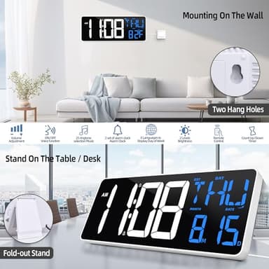 TXL 13 Inch Large Digital Wall Clock with Remote Control, 9 Color Night Light LED Desk Clock Digital with DST/Calendar/Temperature/Timer Function, Auto Dimmer, for Classroom, Living Room (White+Blue) - Image 3