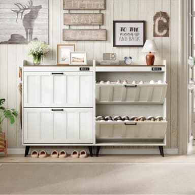 ChooChoo Shoe Storage Cabinet with 2 Flip Drawers, Deodorizing Shoe Organizer Storage for Entryway, Freestanding Hidden Slim Narrow Shoe Rack Cabinet, Antique White & Brown - Image 5