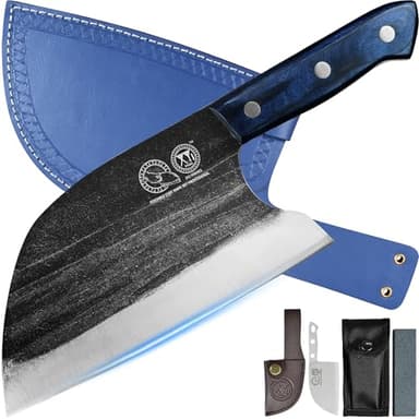 XYJ Authentic Since 1986,Ancient Forged Butcher Knives,Serbian Chef Knife With Sheath,Tiny Knife,Chinese Vegetable Meat Cleaver For Kitchen Camping Outdoor,Full Tang,High Carbon Steel (8 inch) - Image 1