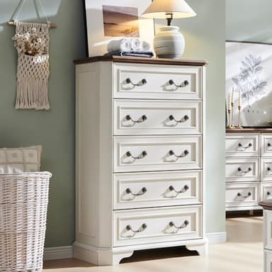 T4TREAM Farmhouse 5 Drawers Dresser for Bedroom, 48" Tall Wood Rustic Chest of Drawers with Natural Texture, Vintage Design, Storage Dressers Organizer for Bedroom, Living Room, Hallway, Antique White - Image 1