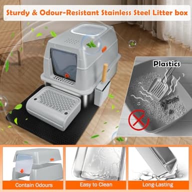 SZEE XL Stainless Steel Litter Box, Top Exit Design, Non Stick, No Smell, Easy Cleaning, Activated Charcoal Odor Control Design, Half/Fully Enclosed Design, Footboard, Trapping Mat & Scoop Included - Image 5