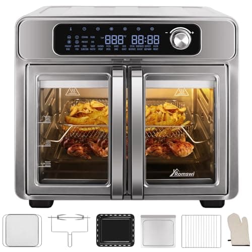 Romswi 26QT French Door Air Fryer Toaster Oven Combo, 24 Cooking Functions and Digital Controls, Fits 12" Pizza, 6 Slices of Toast, Rotisserie 6lb Chicken, 6 Accessories Included - Image 1