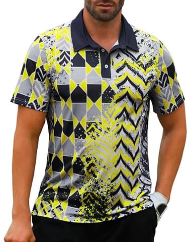 TURAND Mens Golf Shirts Short Sleeve Print Gradient Moisture Wicking Quick Dry Performance Polo Golf Shirt Black Small - Image 1