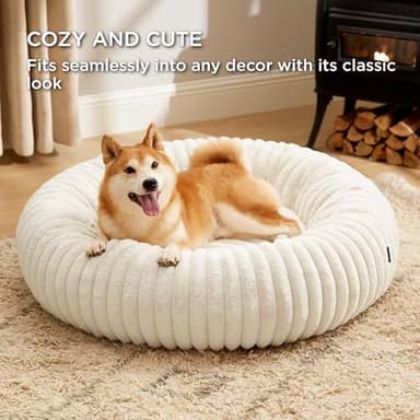 Bedsure Donut Large Dog Bed - Washable Faux Fur with Corduroy Fleece & Anti Slip Bottom, Round Pet Bed with Removable Cover, Cream, 36x36x10 inches - Image 4