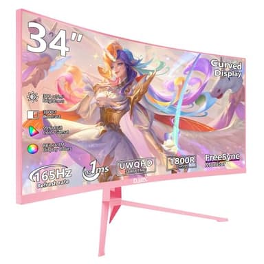 DJiEX 34 inch Pink Ultrawide Curved Computer Gaming Monitor 165Hz UWQHD 3440x1440,1500R -PIP,1ms (MPRT),HDR, 300nits, sRGB99%,FreeSync,HDMI2.0(TMDS) x2,DP1.4 x2,Eye Care,Support Wallmount 75x75mm - Image 1