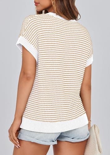 PRETTYGARDEN Womens Short Sleeve Sweater Spring Summer 2025 Round Neck Striped Pullover Cap Sleeve Knit Sweater Vest Tops(Apricot,Medium) - Image 2