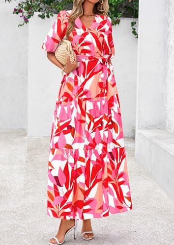 PRETTYGARDEN Women's Summer Maxi Dress 2025 Resort Wear Boho Floral V Neck Puff Short Sleeve Ruffle Flowy Beach Long Dresses(Floral White Rose Red,X-Large) - Image 3