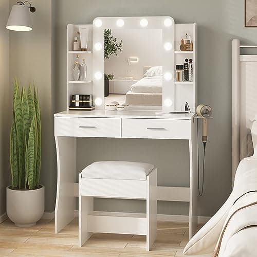 Vabches Vanity Desk with Lights,Makeup Vanity with Power Strip,Dressing Table Set with 2 Large Drawers,Vanity Mirror 3 Lighting Color Adjustable,White - Image 1