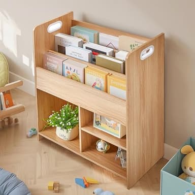 VECELO Wooden Children’s Bookshelf - Kids Book Organizer with 3-Tier Display and 2-Tier Storage Compartments, Easy-to-Access Toddler Bookcase for Playroom, Bedroom, or Nursery - Teak - Image 10