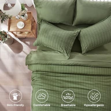 Zzlpp Queen Comforter Set 7 Pieces, Olive Green Seersucker Bed in a Bag with Comforter and Sheets, All Season Bedding Sets with 1 Comforter, 2 Pillow Shams, 2 Pillowcases, 1 Flat Sheet - Image 3