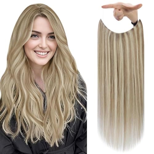 Fshine Invisible Wire Hair Extensions Real Human Color 16 Highlight 22 Blonde Fish Line 70 Gram Removable Clips Extensions for Women 12 Inch - Image 1