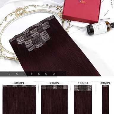 Moresoo Burgundy Clip in Hair Extensions Dark Red Hair Extensions Clip ins Straight for Women Double Weft Wine Red Remy Human Hair 16 inch 120g/7pcs - Image 3