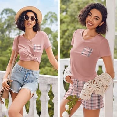 Ekouaer Womens Pajama Sets Short Sleeve Pajamas for Women Sets Soft Lounge Sets Casual V Neck Sleepwear PJS Pink Plaid - Image 4