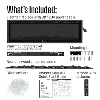 Westinghouse 50 Inch Electric Fireplace Heater, Compatible with Alexa & Google Home, Wall Mount or in-Wall Recessed Fireplace Insert, 24 Hour Timer, Color Changing Flames, 750W/1500W Indoor Heater - Image 9