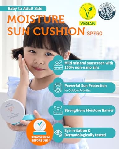 GOONGBE Moisture Sun Cushion Mild SPF 50 - Korean Moisturizing & Soothing Zinc Oxide Mineral Sunscreen - Travel Friendly Sun Cushion for Babies & Kids - Vegan, Reef-Safe, Allergen-Free, 0.81oz. - Image 2