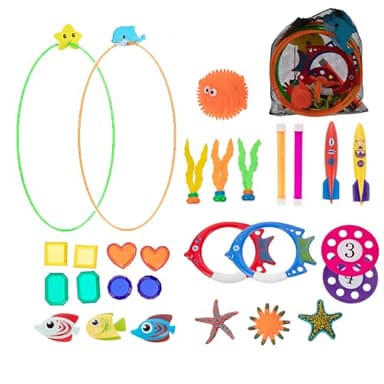 JAZGROM 29pcs Pool Toys for Kids Ages 4-8 8-12,Diving Toys with Swim Thru Rings Including Dive Gems Diving Sticks Water Pool Party Games Swimming Toys for Boys Girls Kids Teens Adults - Image 1