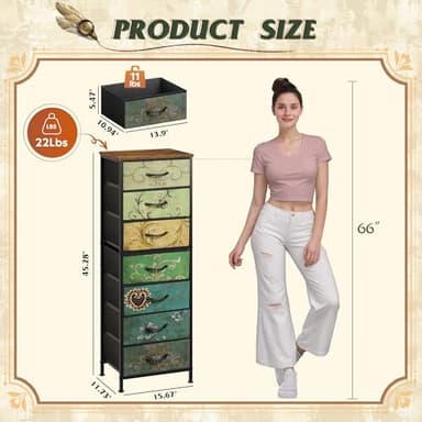 WLIVE Tall Dresser for Bedroom, 7 Drawer Dressers & Chests of Drawers, Fabric Dresser for Closet, Living Room, Night Stand with Metal Frame, Storage Tower with Fabric Bins, Wood Top, Floral Painted - Image 3