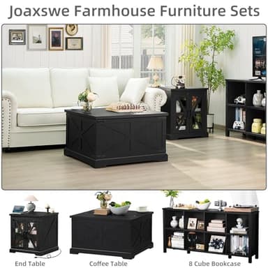 Joaxswe Farmhouse Coffee Table with Large Hidden Storage Compartment, Rustic Black Square Center Table, Wood Low Farm House Modern Living Room Tables with Hinged Lift Top & Wooden Arc Base - Image 4