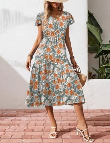 Zeagoo Midi Dresses for Women Floral Print Beach Long Tiered Ruffle Short Sleeve Flowy Dress Blue Orange Flower L - Image 5