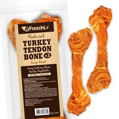 AFreschi Turkey Tendons for Dogs, USA-Sourced, Healthy Dog Treats, Rawhide-Free Puppy Chews, Long Lasting, All Natural, Hypoallergenic Dog Treats for Large Breeds, 2 Count Pack Bone (L) - Image 1