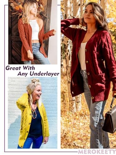 MEROKEETY Women's 2025 Fall Long Sleeve Cable Knit Cardigan Sweater Open Front Button Loose Outerwear Rust - Image 7