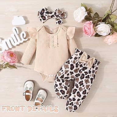 GDTOGRT Baby Girl Clothes Infant Outfits Ruffle Sleeve Romper and Pants with Cute Headband Sets Baby Clothes for Girls 12-18 Months - Apricot - Image 2