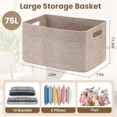 Optish 75L Blanket Basket, Large Woven Baskets for Storage, Blanket Storage for Living Room, Rope Basket with Handles for Bedroom, Nursery, Toys, Clothes, 22” x 17” x 11.5”, Brown - Image 3