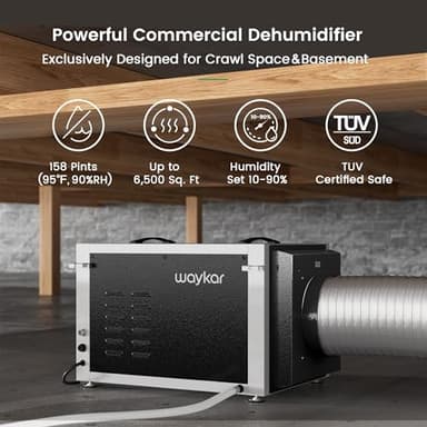 Waykar 158 Pints Crawl Space Dehumidifier with Remote Control up to 6,500 sq. ft., Dual Duct HVAC Commercial Whole-House Dehumidifier for Basement, Industry Water Damage Unit - 5-Year Quality Coverage - Image 2