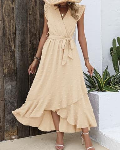 BTFBM Women V Neck Summer Dress 2025 Cap Sleeve Swiss Dot Boho Flowy Ruffle Slit Beach Party Long Maxi Cocktail Dresses(Beige, Small) - Image 3