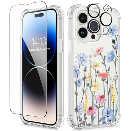 GVIEWIN for iPhone 14 Pro Case Floral, with Screen Protector+Camera Lens Protector,[Non Yellowing]Slim Shockproof Clear Phone Protective Cover for Women, Flower Pattern Design 6.1"(Aconite/Light Blue) - Image 1