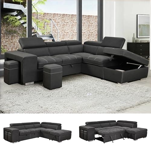 THSUPER 104'' Microfiber L Shaped Sectional Sleeper Sofa Couch with Pull Out Bed and Storage Ottoman, Convertible Couches with Adjustable Headrest for Living Room, Right Facing Chaise. Charcoal Grey - Image 1