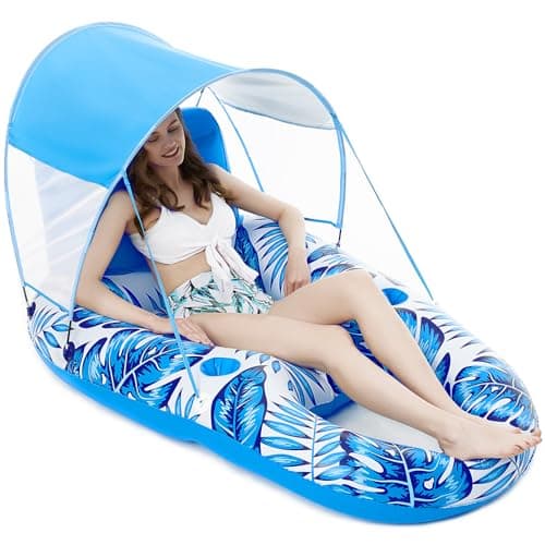 Jasonwell Pool Floats with Canopy - Inflatable Pool Float Adult Lounger Floaties Raft Floating Chair for Swimming Pool Lake Water Lounge Float with Cup Holders Beach Pool Party Toys for Adults(Blue) - Image 1