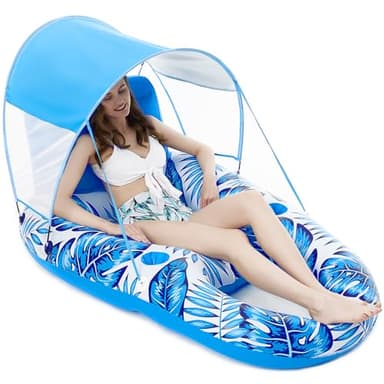 Jasonwell Pool Floats with Canopy - Inflatable Pool Float Adult Lounger Floaties Raft Floating Chair for Swimming Pool Lake Water Lounge Float with Cup Holders Beach Pool Party Toys for Adults(Blue) - Image 1