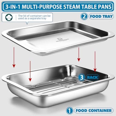 WAGENSTEIGER Stainless Steel Food Prep Container with Rack & Lid (Tray) 2.43 Quart / 2inch Depth, Hotel Pans, Catering Pan, Buffet Party Pans, Roasting Pan, Casserole (1302/No02) - Image 6