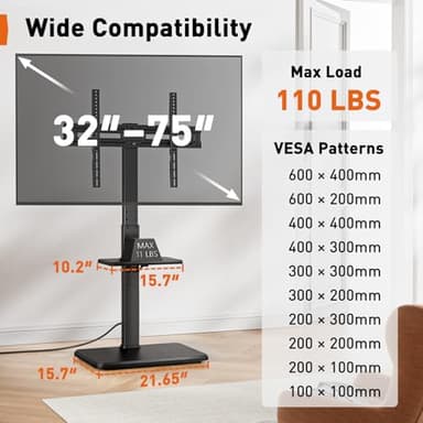 Perlegear Floor TV Stand with Power Outlet, Universal TV Stand for 32-75 inch TVs up to 110 lbs, Height Adjustable Standing TV Mount, Tall TV Mount with Wood Base, Max VESA 600x400mm, PGFS06 - Image 2