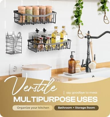 Luxury Style 5 Pack Stainless Steel Adhesive Shower Caddy Set - Rustproof Bathroom Organizer with Large Capacity Storage| No Drilling Shelves Shower Caddy Organizer | Bathroom Decor (Elegant Black - Image 6