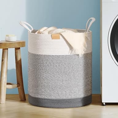 Nunsino 80L Laundry Hamper Basket,Baby Nursery Woven Storage Basket for Toys Bin,Pillows,Blankets,Clothes,Grey&White - Image 1