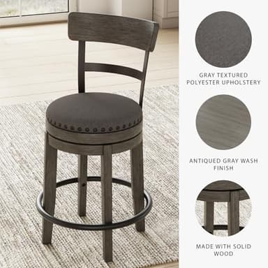 Signature Design by Ashley Caitbrook | Farmhouse Swivel 24" Counter Height Barstool – 360° Swivel, Upholstered with Nailhead Trim, Metal & Wood Frame, Gray - Image 4