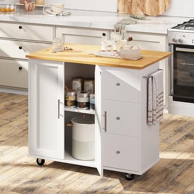 Shintenchi Rolling Kitchen Island Cart with Folding Drop Leaf Breakfast Bar, Portable Trolley Island with Large Storage Cabinet, Shelf and Drawer, White - Image 2
