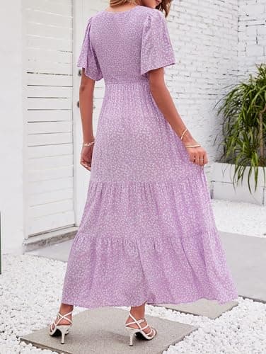 ZESICA Women's 2025 Summer Casual Floral Print Short Flutter Sleeve Crew Neck Smocked High Waist Flowy Maxi Dress,Purple,Medium - Image 3