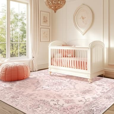 RELEANY Area Rugs 5'x7' Washable Non-Slip, Floral Vintage Distress Print Pattern Medallion Carpet for Living Room Bedroom Dining Room, Pink Greypink Cute - Image 2