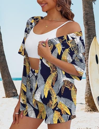 REDHOTYPE Women's Vacation Outfits Cover Ups Tropical Print Shorts Sets Hawaiian Summer Beachwear Blue Tropical M - Image 3