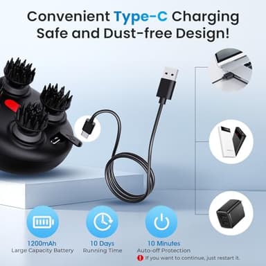 Electric Head Scalp Massager - Rechargeable IPX7 Waterproof Scalp Massager w/ 3 Speed Modes, 2 Sets 8 Detachable Claws, 360° Kneading for Stress Relax, Deep Clean & Hair Growth - Ideal Gifts (Black) - Image 6