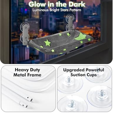 Zoratoo Cat Window Perch, Glow in The Dark Cordless Foldable Pet Hammock Bed for Window with Sturdy Metal Frame, Glowing Stars Pattern Resting Seat for Indoor Cats (Stars - M) - Image 3