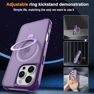 CHAOFEnG Magnetic Compatible with iPhone 16 Pro Case with Stand [Military Grade Drop Tested][Compatible with Magnet] Ring Translucent Slim Hard Back Soft Edge, Purple - Image 5
