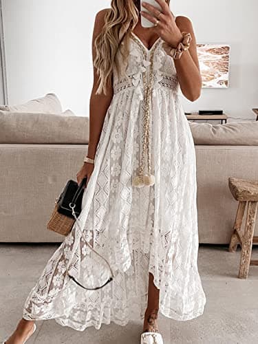 CUPSHE Women's Summer Dresses Sleeveless Lace Casual Tassel Beach Spaghetti Straps Flowy Maxi Sun Dress White, L - Image 6