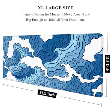 Auhoahsil Large Mouse Pad, XXL Gaming Mousepad, Desk Mat for Desktop, Thick Rubber, Big & Long Size, Stitched Edges, Full Desk Pad for Laptop & Computer, Extended 31.5 x 11.8 in, Janpanese Wave - Image 2